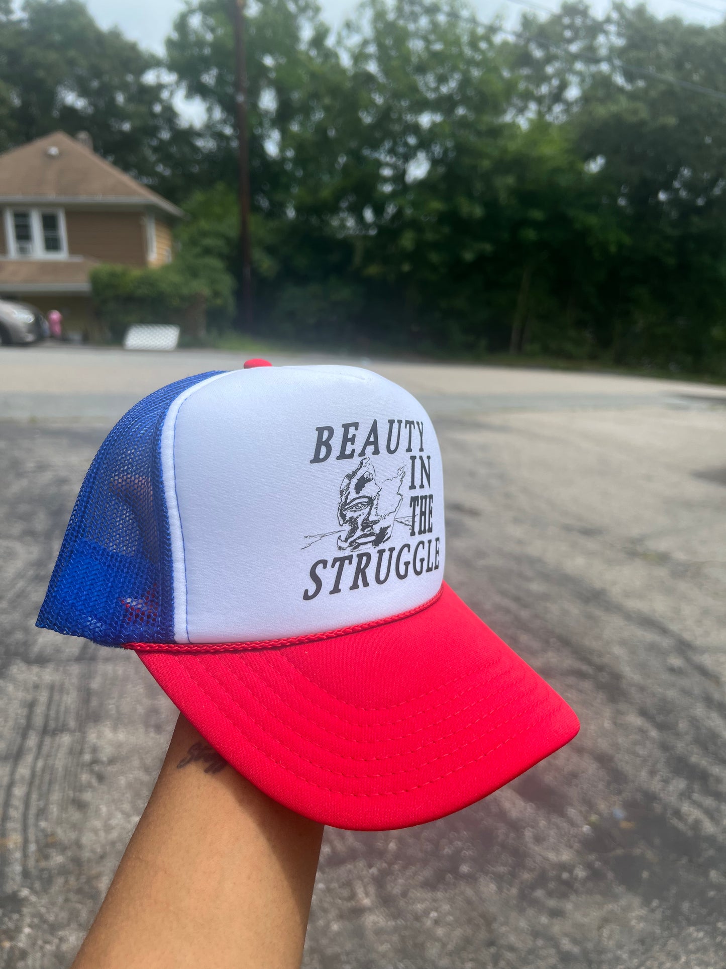 Beauty Of The Struggle Trucker Hat Red W & Blue