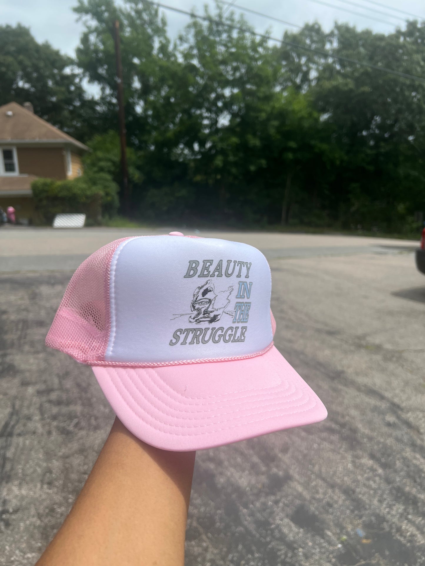 Beauty Of The Struggle Trucker Hat Pink